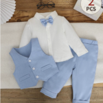 2pcs Baby Boy Gentleman Suit Includes Vest And Trousers,Light Blue Autumn Elegant Cute Smart Wedding Soiree Family Matching Clothes For Birthday Party