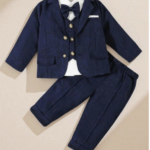 4pcs/Set Baby Boy Classic Gentleman Outfit,Long Sleeve Shirt With Bow Tie,Vest,Jacket,Pants,Navy Blue,Winter,Formal,Wedding Guest Birthday Christening