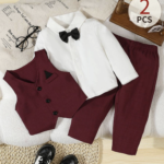 2pcs Baby Boy Formal Gentleman Outfit,Burgundy Solid Color Vest+Pants Set,Elegant And Classy,Winter Wedding,Performance,Party,Birthday,Christmas Wea