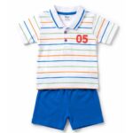 White Striped Polo T-Shirt and Blue Shorts Set