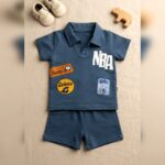 Boys Blue Sports Patch Polo T-Shirt & Shorts Set