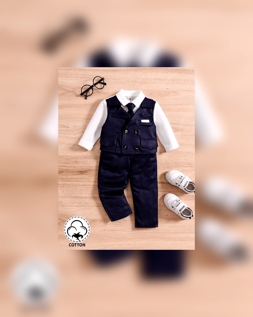 3pcs-set-baby-boys-casual-amp-elegant-school-style-vintage-2-in-1-top-and-s-8442.jpg Boys Navy Blue Striped Formal Suit Set - Image 1