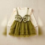 Girls Olive Green Bow Party Dress