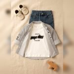 Boys White Striped Shirt & Denim Shorts Set
