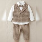 Boys Beige Plaid Formal Suit Set