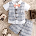 Boys Blue Plaid Formal Shorts Set with Vest