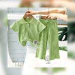 Unisex Light Green Ribbed Polo T-Shirt & Pants Set