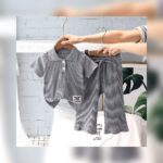 Unisex Grey Ribbed Polo T-Shirt & Shorts Set
