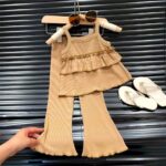Girls Beige Striped Two-Piece Outfit