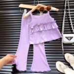 Girls Purple Striped Sleeveless Top & Flared Pants Set