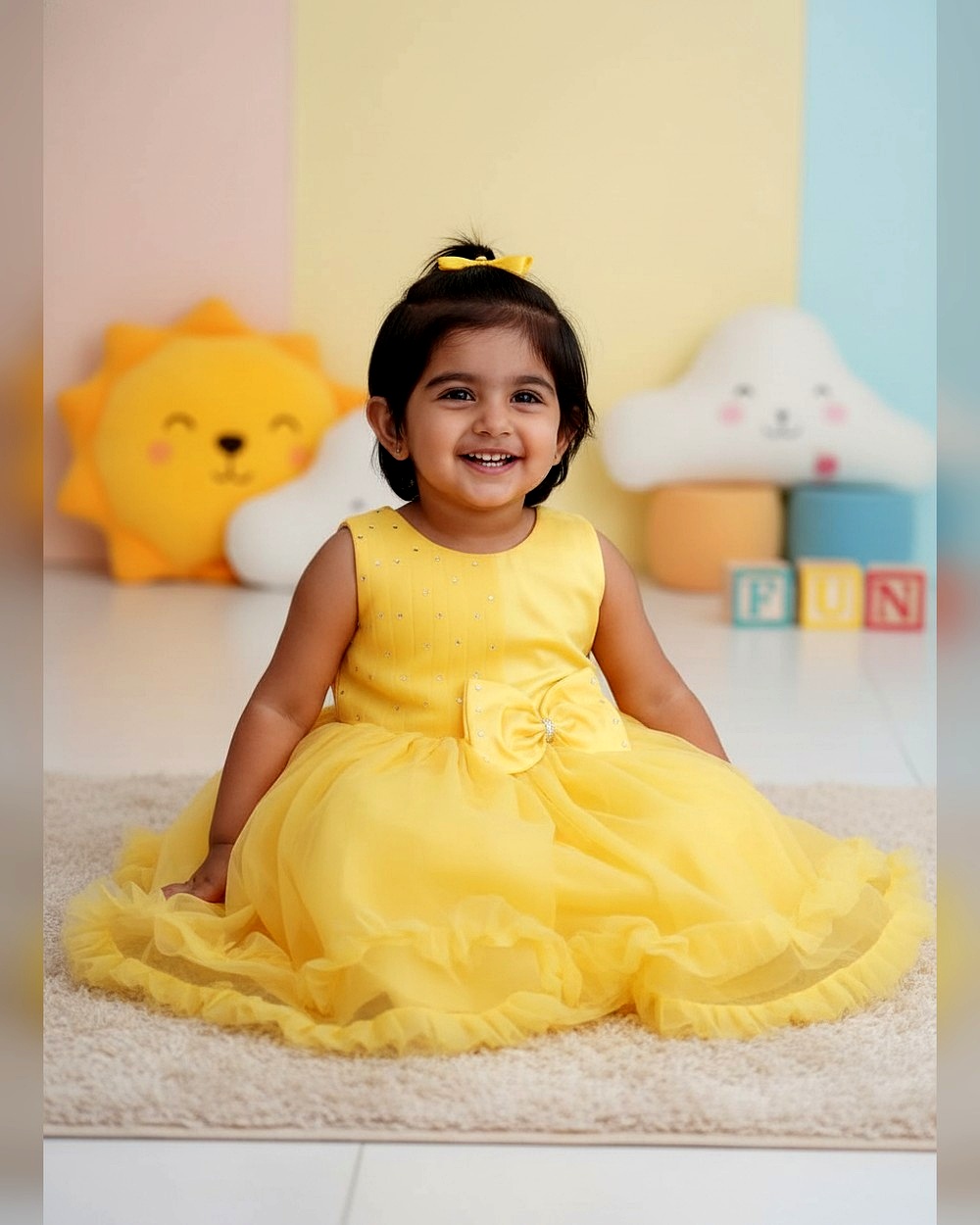 baby-girls-winkle-tturquoise-dream-yellow-9458-2.jpg Girls Yellow Bow Party Dress - Image 1