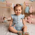 Girls Light Blue Floral Appliqué Romper