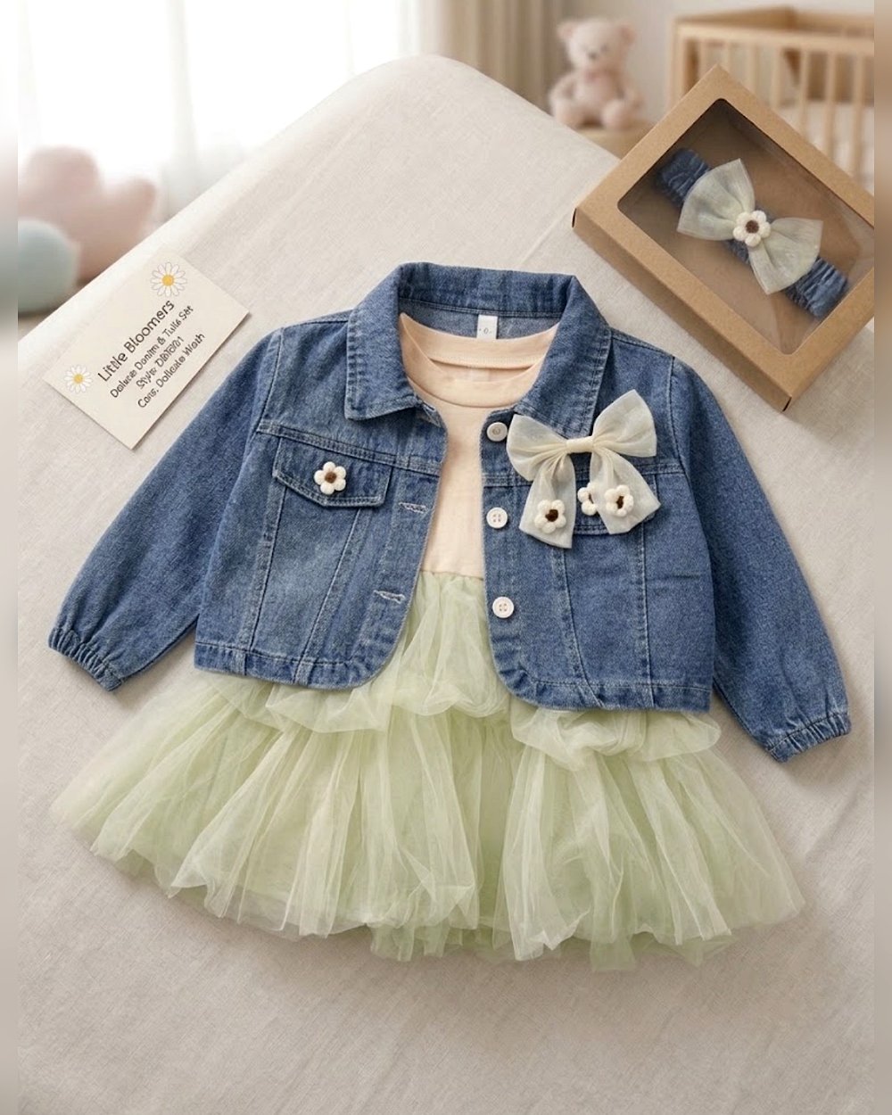 blue-denim-jacket-mint-green-tulle-dress-10187.jpg Girls Blue Denim Jacket Dress Set - Image 1