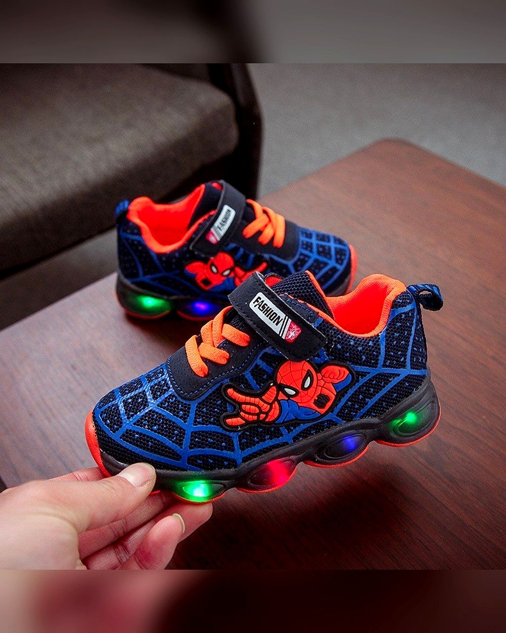 blue-red-spider-led-baby-sneakers-with-light-up-sole-9691.jpg Boys Blue Spider Web Light-Up Shoes - Image 1