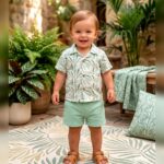 Boys Light Green Leaf Print Polo T-Shirt & Shorts Set