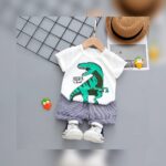 Boys White Dinosaur T-Shirt & Striped Shorts Set