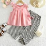 Girls Pink Pleated Top & Striped Pants Set