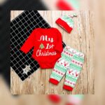 Unisex Red Christmas Bodysuit & Pants Set with Hat