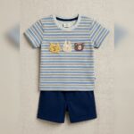Unisex Blue Striped Animal Appliqué Shirt & Shorts Set