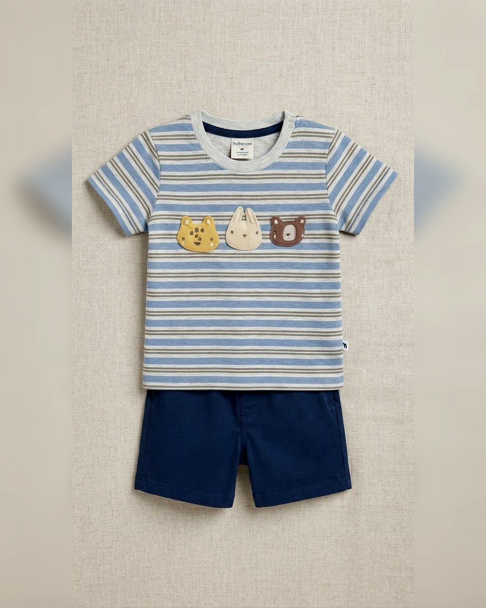 multi-animal-stripe-outfit-blue-10145.jpg Unisex Blue Striped Animal Appliqué Shirt & Shorts Set - Image 1