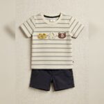 Unisex Beige Striped Animal Applique T-Shirt & Shorts Set