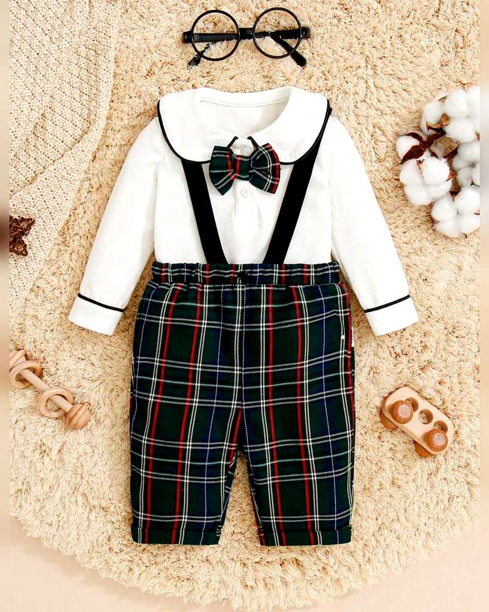 newborn-baby-boys-top-with-bow-tie-collar-amp-gingham-suspenders-pants-two-8440.jpg Unisex White Plaid Formal Outfit Set - Image 1