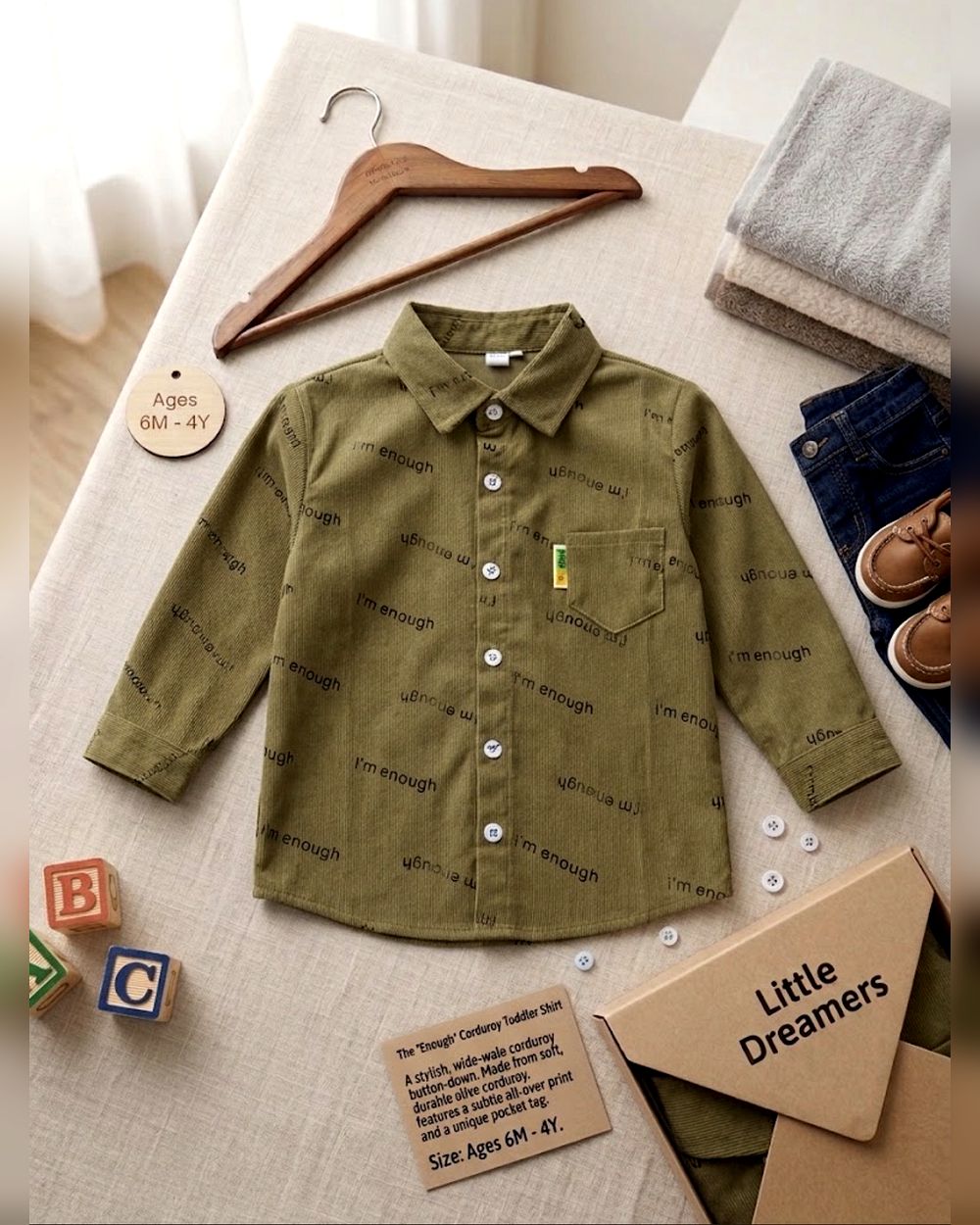 olive-green-boys-button-up-shirt-10197.jpg Unisex Olive Green Text Print Shirt - Image 1