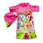 Girls Pink Unicorn One-Piece Swimsuit with Cap