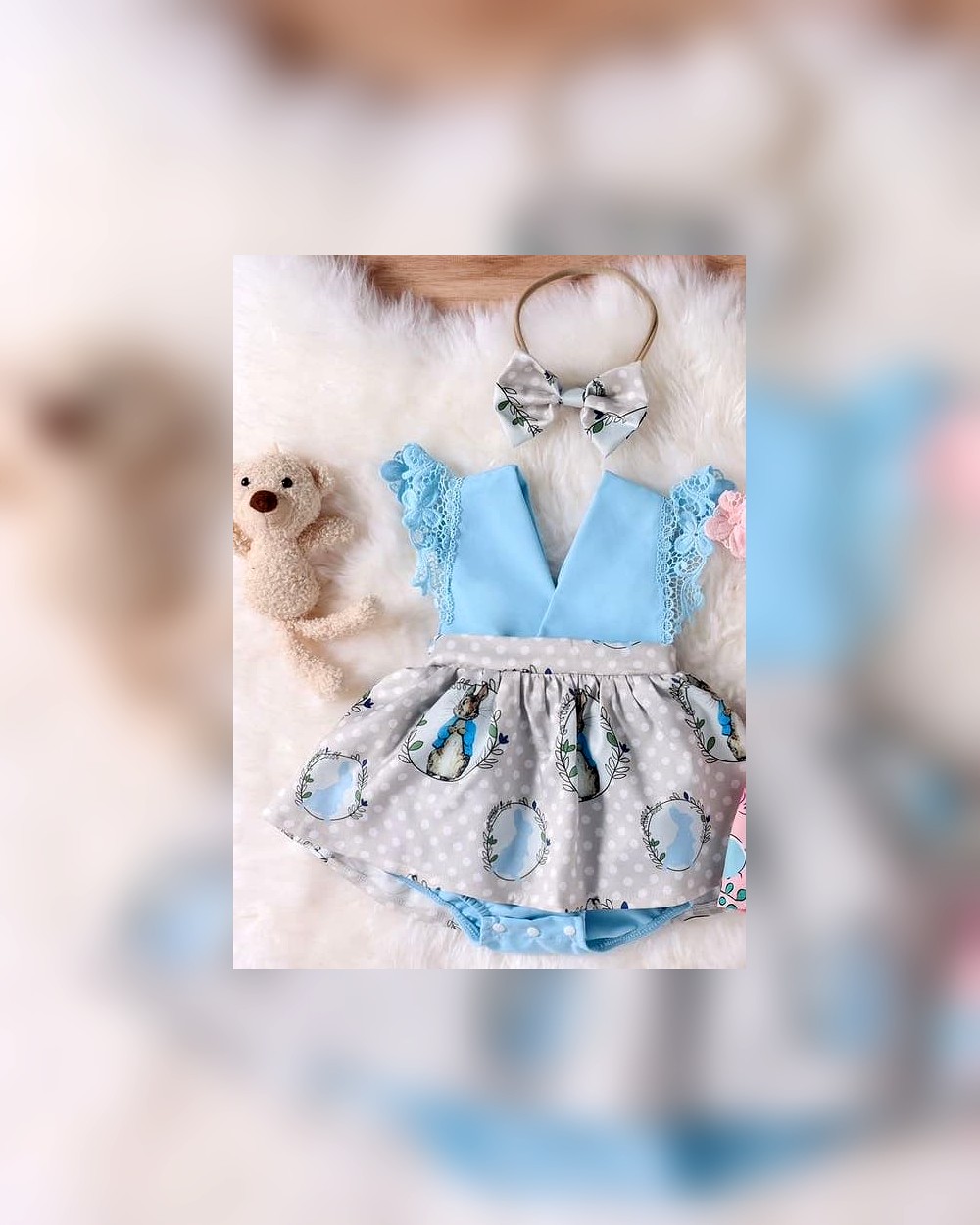 rabbit-printed-blue-cute-onesie-8453.jpg Girls Blue Polka Dot Animal Print Dress & Headband - Image 1