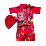 Girls Pink Character Print Swimsuit with Cap