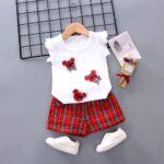 Girls White Bear Graphic T-Shirt & Plaid Shorts Set