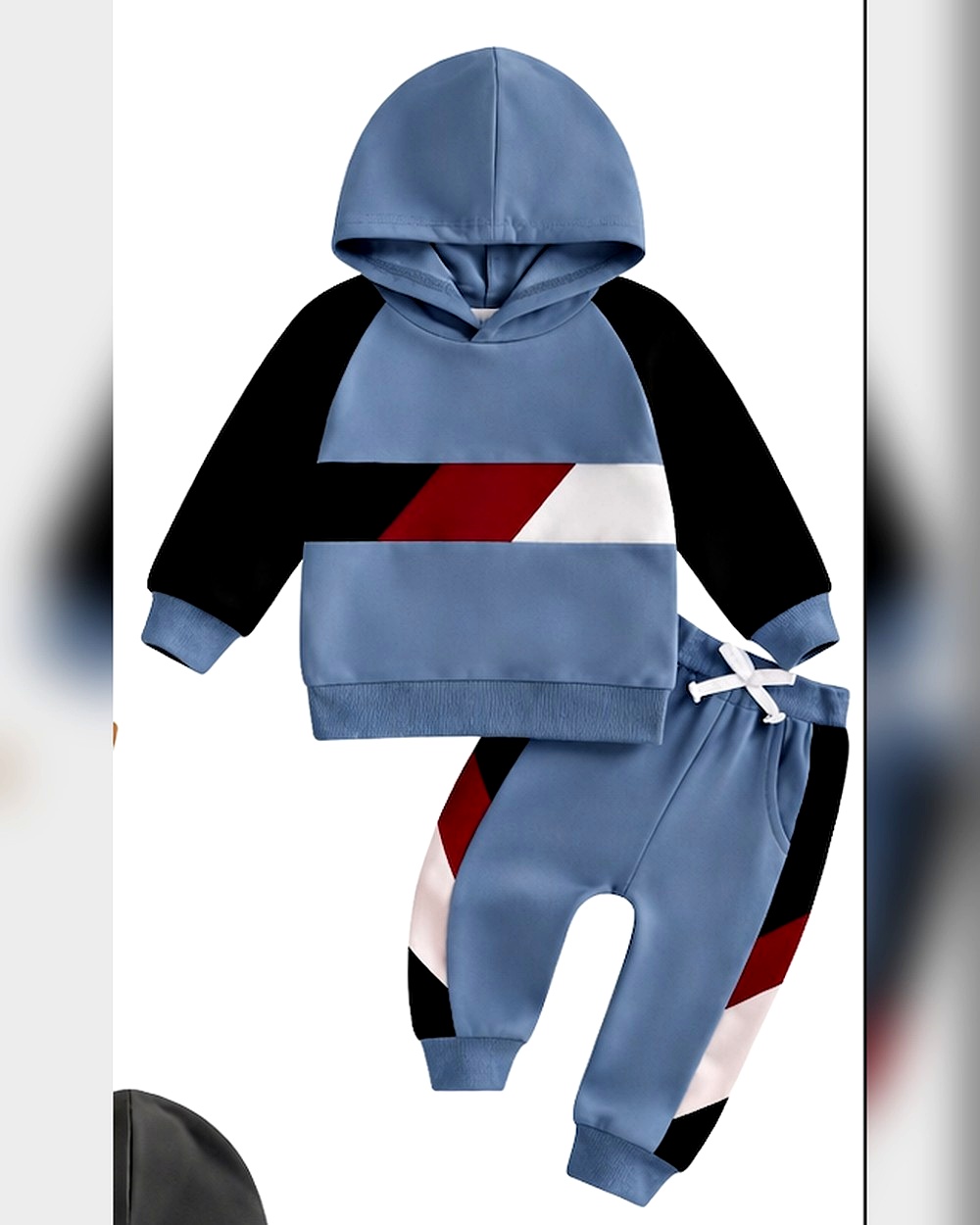 steel-blue-black-colorblock-hooded-baby-sweatshirt-and-jogger-set-9619.jpg Unisex Blue Colour Block Hooded Tracksuit - Image 1