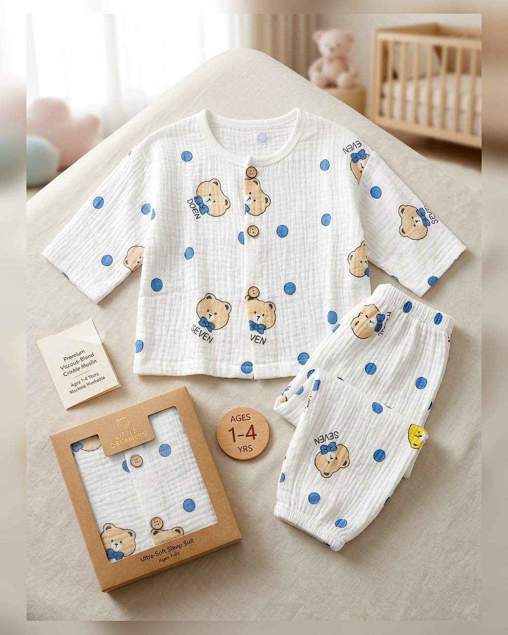 teddy-print-sleep-wear-10186.jpg Unisex White Cartoon Animal Sleep Suit - Image 1