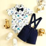 Boys White Animal Print Romper with Suspenders