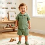 Unisex Green Button-Up Shorts Set