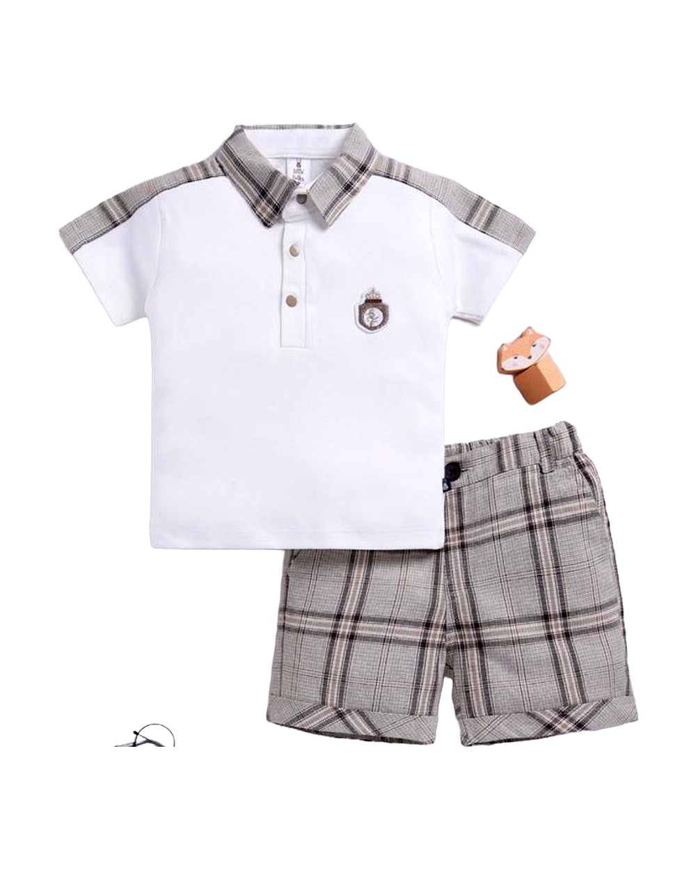 the-little-polo-prep-style-outfit-t-shirt-with-short-brown-2-pcs-10001-1.jpg Boys White Plaid Shirt & Shorts Set - Image 1
