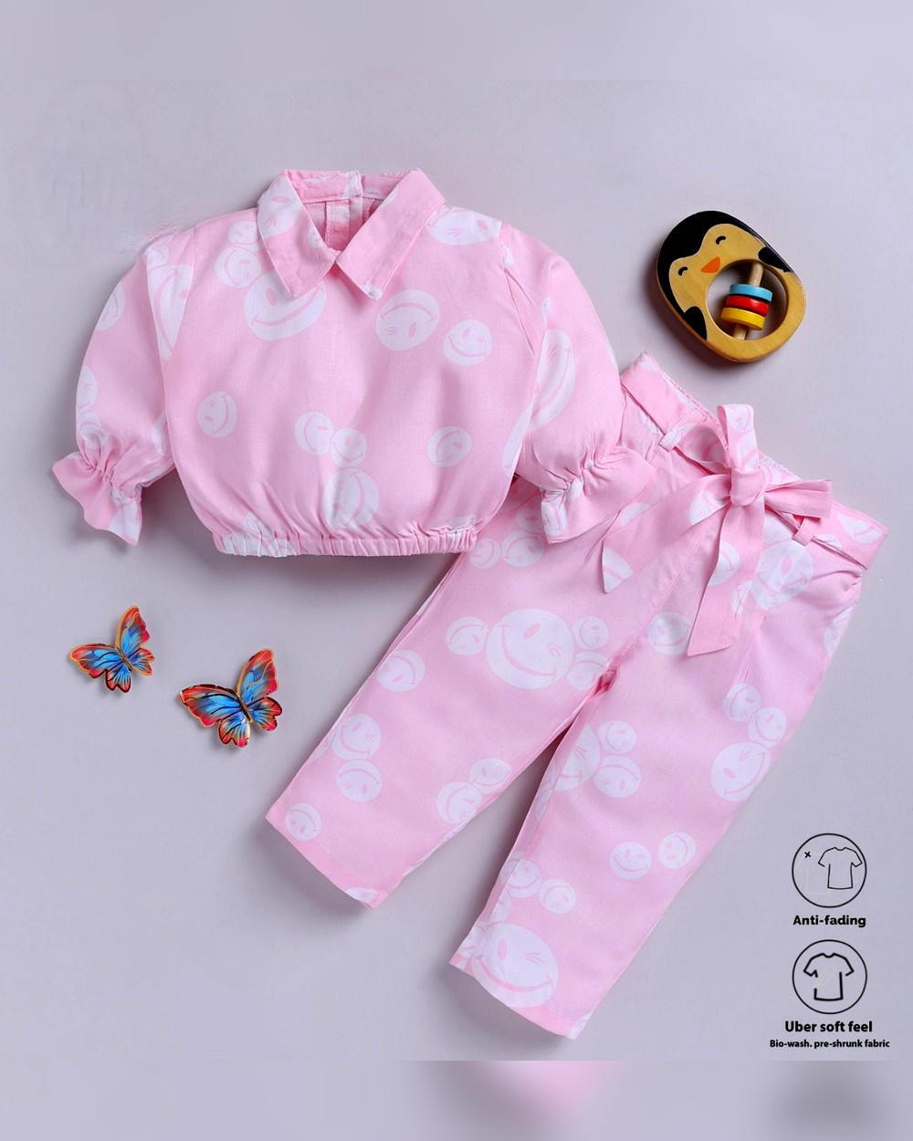 twirl-sparkle-girls-outfit-casual-wear-2pcs-9173.jpg Girls Pink Smiley Face Two-Piece Set - Image 1