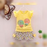 Girls Yellow Floral & Lollipop Ruffle Top and Shorts Set